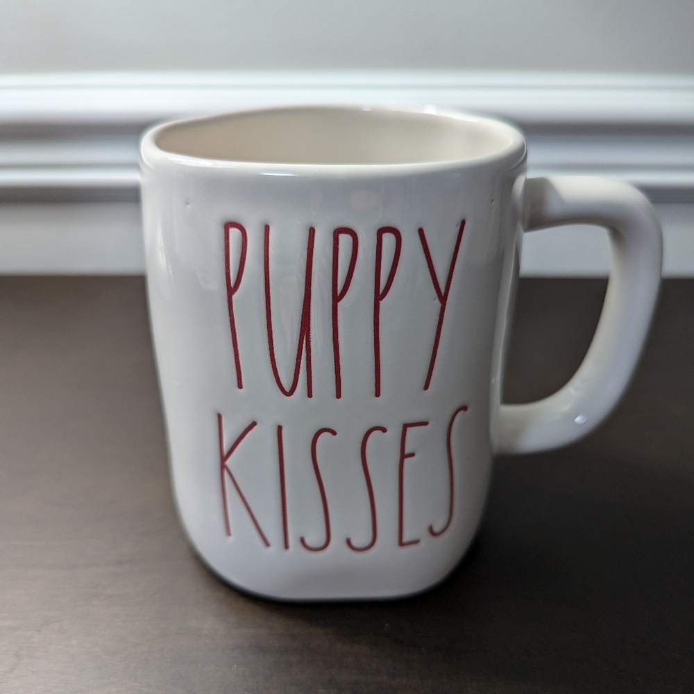 EUC Rae Dunn PUPPY KISSES 19.5oz Ceramic Mug with Red Lettering